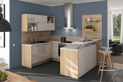 П-образная кухня Копер 275/180/180 см песочный глянцевый/дуб вирджиния